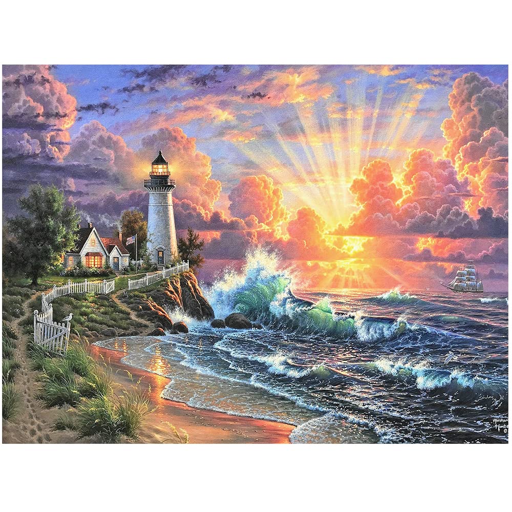 DCIDBEI 5D Diamond Painting Complete Carr茅 Square, Peinture Diamond Paysage En Bord De Mer Broderie Diamond Kit Plein Lever Du Soleil Deco Mur Bureau Salon Adults, Phare et Maison