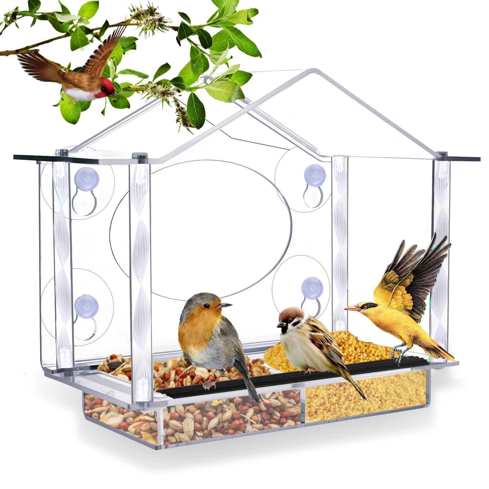 Photo 1 of Acrylic Window Bird Feeder, Clear Large Acrylic Bird House with Strong Suction Cups, Removable Tray and Perch, Easy to Install and Clean, Weatherproof for Bird Watching, Gift for Bird Lovers. (Clear)