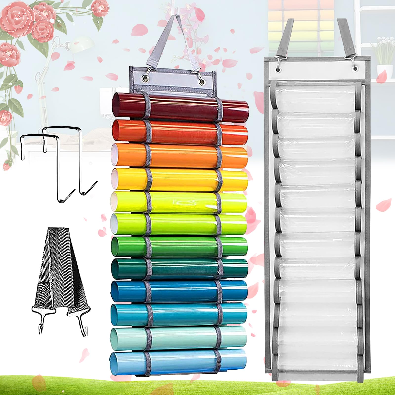 Begpoee Vinyl Rolls Storage Organizer, Vinyl Organizers Craft Storage Organizer, Vinyl Roll Holder, With 12 Compartment Bags, For Storing Paper, Wrapping Paper And Design Drawings(Grey)