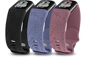 Minyee 3 Packs Floral Engraved Band Compatible with Fitbit Charge 6 Bands/Fitbit Charge 5 Bands Women, Cute Soft Silicone Dandelion Flower Pattern Sport Designer Fancy Summer Strap for Charge 6/5