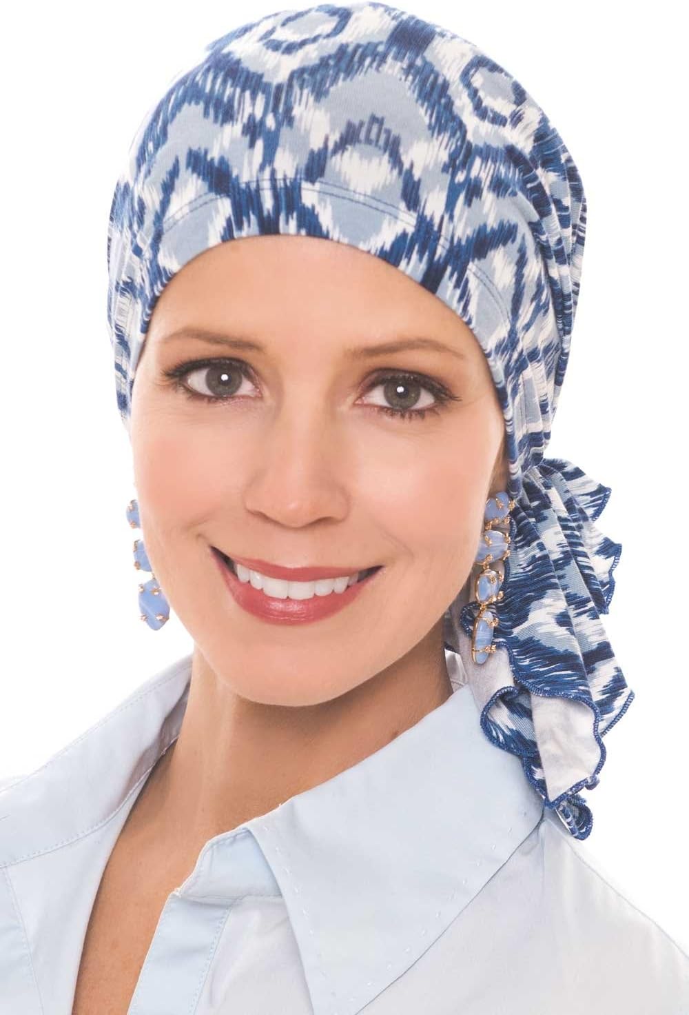 Slip-On Slinky-Caps for Women with Chemo Cancer Hair Loss Blue Chevron