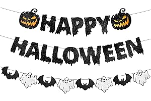 PHOTKEN Black Glitter Happy Halloween Banner - Halloween Hanging Paper Garland Bunting Banner with Pumpkin, Ghost, and Bat Decorations, Photo Backdrop for Wall Home Mantle Office Wall Scary Party Supplies