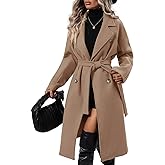SAUKOLE Women's Trendy Lapel Collar Double Breasted Wool Blend Coats Winter Pea Overcoat Pocketed Outwear with Belt