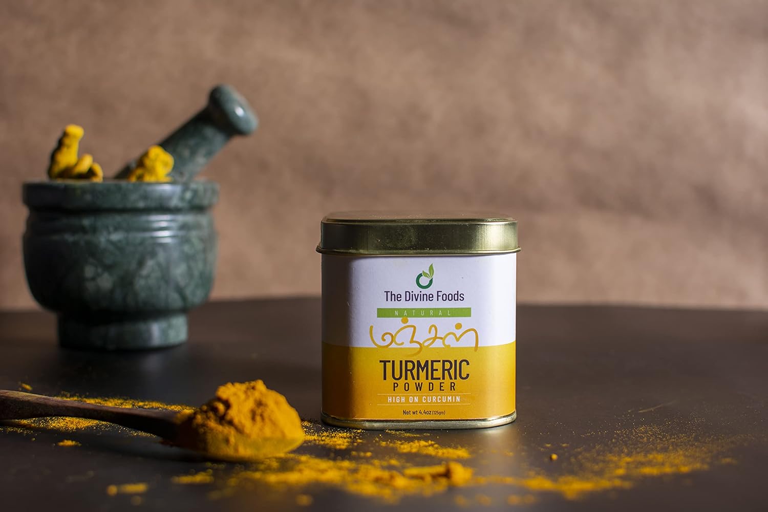 The Divine Foods | Organic Turmeric Powder | Organic | High Curcumin | 4.4 oz (125 gm) | 100% Raw from India | Reusable tin | Non- GMO | From India Farm | 100% Pure