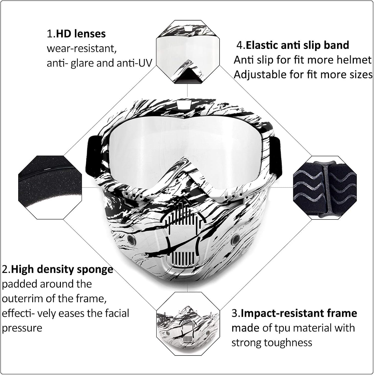 SPOSUNE Motorcycle Goggles Detachable Face Mask, ATV Dirt Bike Paintball Goggle Anti-Scratch UV400 Eyewear for Men Women: Clothing