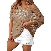Dokotoo Women's Crochet Cover Up Tops Summer Short Sleeve Off Shoulder Sweater Shirts Beach Swimsuit Coverup