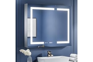 ExBrite LED Lighted Bathroom Medicine Cabinet with Mirror, 36 x 30 Inch, Recessed or Surface led Medicine Cabinet, Clock, Room Temp Display,Defog,Stepless Dimming,3-Color Temper Change, Outlets & USBs