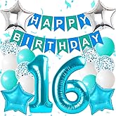 Happy 16th Birthday Decorations For Girls, Blue Happy Birthday Banner, Teal Blue 16 Balloon Numbers 40 Inch, Sweet 16 Balloons For Teal Blue Birthday Decorations
