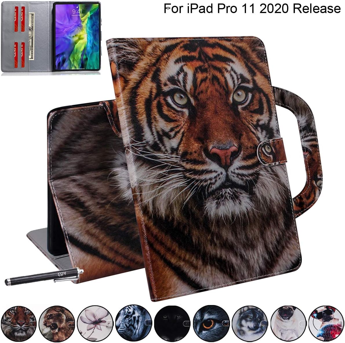 GSFY iPad Pro 11 inch 2nd Generation Case, Magnetic Closure Portable Folio Stand Protective Cover with Card Slots for New iPad Pro 11 2020 Release, Cool Tiger