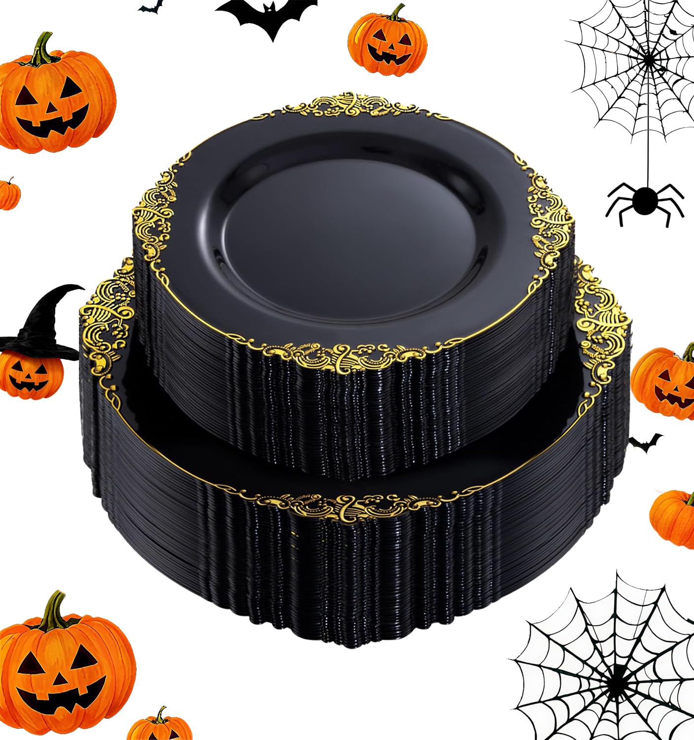 Photo 1 of Joyido 102PCS Black and Gold Plastic Plates - Black Disposable Plates - Heavyweight Disposable Plate with Gold Rim - Fancy Dinner & Dessert Plate for 51 Guests Weddings & Halloween Party