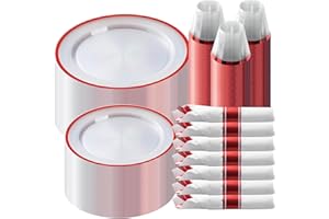 Goodluck 350 Piece Red Plastic Dinnerware Set for Party, Clear Disposable Plates for 50 Guests, Include: 50 Dinner Plastic Plates, 50 Dessert Plates, 50 Pre Rolled Napkins with Cutlery Set, 50 Cups