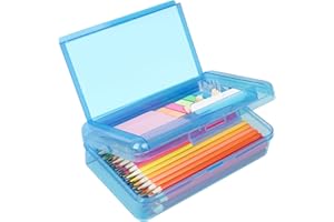 DANRONG Plastic Pencil Box, Large Capacity Pencil Case, Pencil Boxes Double Layer for Kids Adults, Colored Pencil Case, Hard Crayon Box Storage with Snap-Tight Lid for School Office Supplies (Blue)