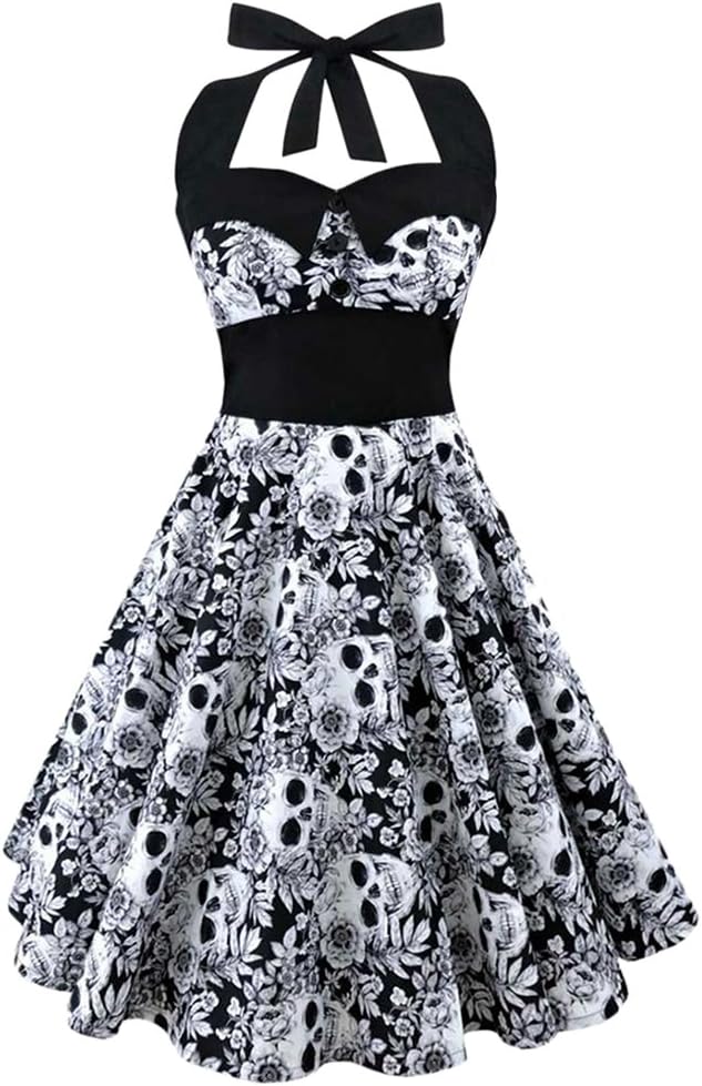 Women Skull Print 50S Retro Cocktail Dress Plus Size Dress