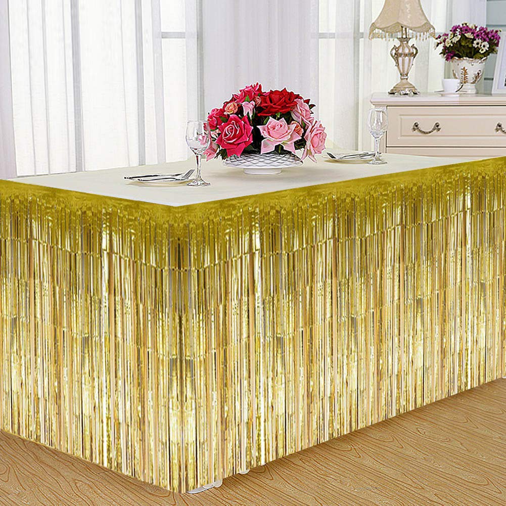 Raguso Decorative Tassel Table Skirt Metallic Foil Fringe Table Skirt Tinsel Table Skirt for Birthday Wedding(gold)