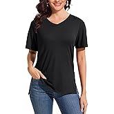 Showitty T Shirts for Women, Short Sleeve V Neck Basic Tees Loose Fit Cute White Black Tops for Casual Outfits