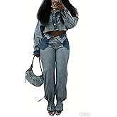 Vakkest Women's Denim 2 Piece Outfit Patchwork Design Long Sleeve Button Crop Jacket High Waisted Cargo Jeans