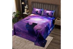 MANFEI Cat Butterfly Bedspread King Size Starry Sky Galaxy Universe Bedding Set 3pcs for Kids Teens Room Decor,Animal Purple Background Quilted Coverlet Soft Breathable Bedding Quilt with 2 Pillowcases