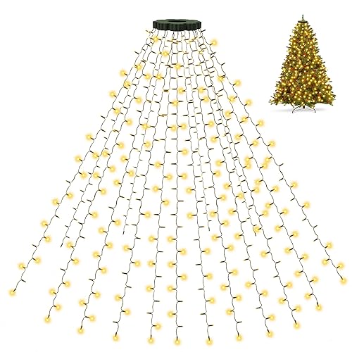 Ollny Christmas Tree Lights, 2.5m x 10 Strands 250 LEDs Outdoor Xmas Lights with Ring, Indoor Waterfall Fairy String Light USB Plug in, Warm White Waterproof Outside Decorations for 1.5-2.5m Tree