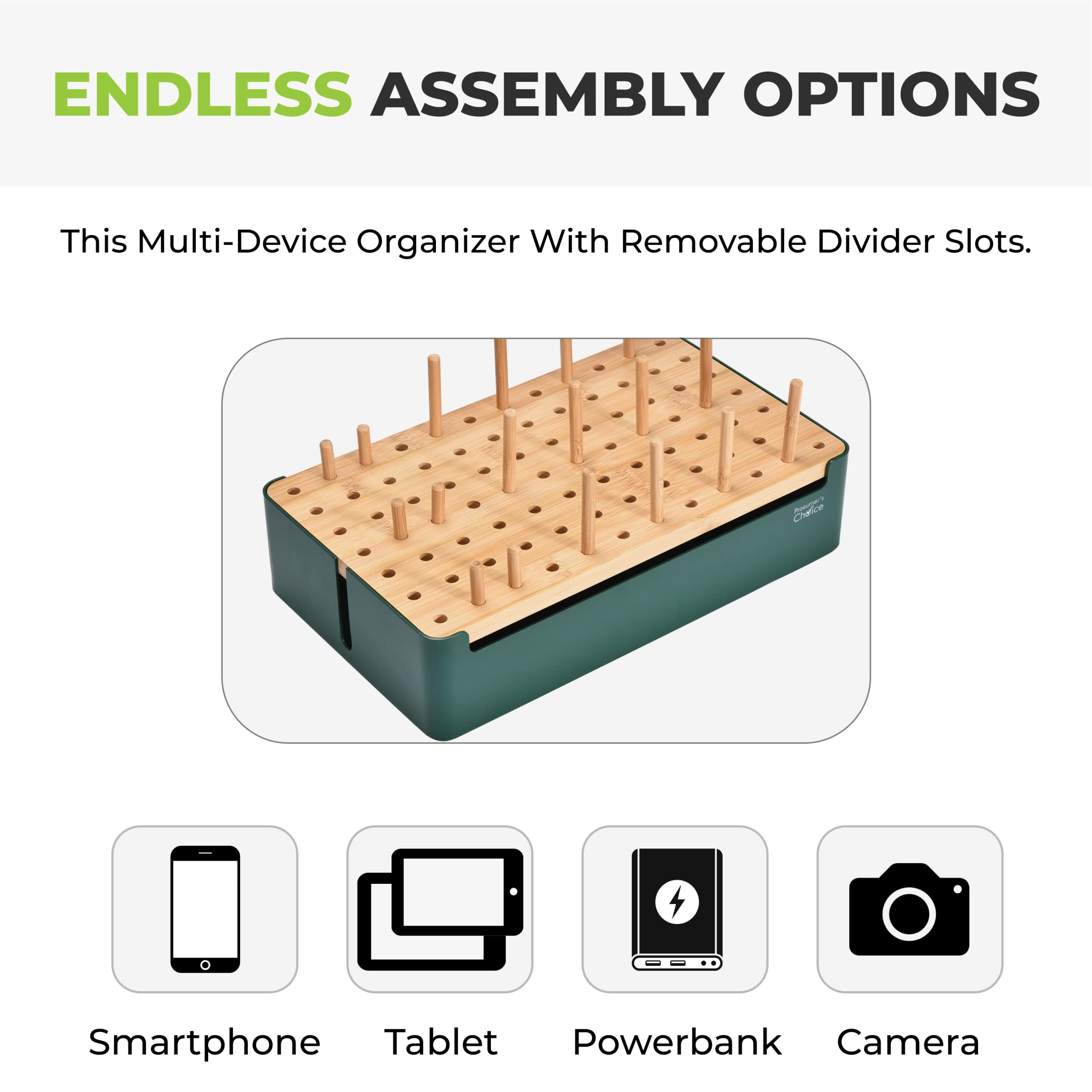 Prosumer's Choice Bamboo Charging Station - Multi Charger Station Organizer - Desk Docking Station for Phones, Tablets, Laptop - Wooden Charging Station with Removable Dividers - Cables Not Included