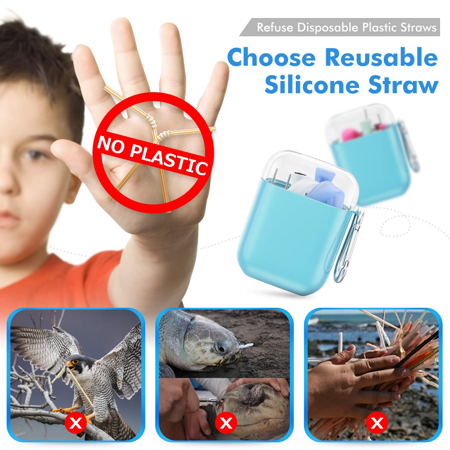 Reusable Collapsible Straws Folding Silicone Straws Food-Grade Drinking Straws - 2 Sets(4 Straws) (Blue)