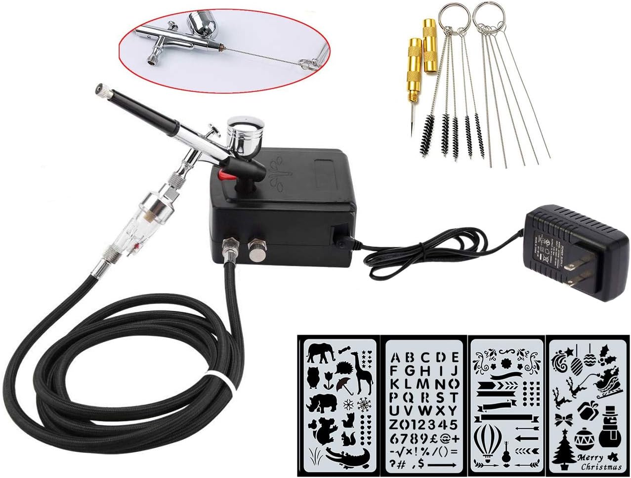 Airbrush Kit Gravity Feed Air Brush with Compressor,Hose, Filter,4Pcs Stencil,Airbrush Cleaning Kit,Holder,Suitable for Makeup,Cake Decration,Airbrush Paint,Spray Model and More