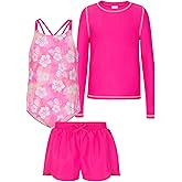 Saint Eve Kids Girls 3-Piece Swimsuit – Long Sleeve Rash Guard, Lined, One-Piece, UPF 50+, Swim Shorts for Pool, Beach, Camp