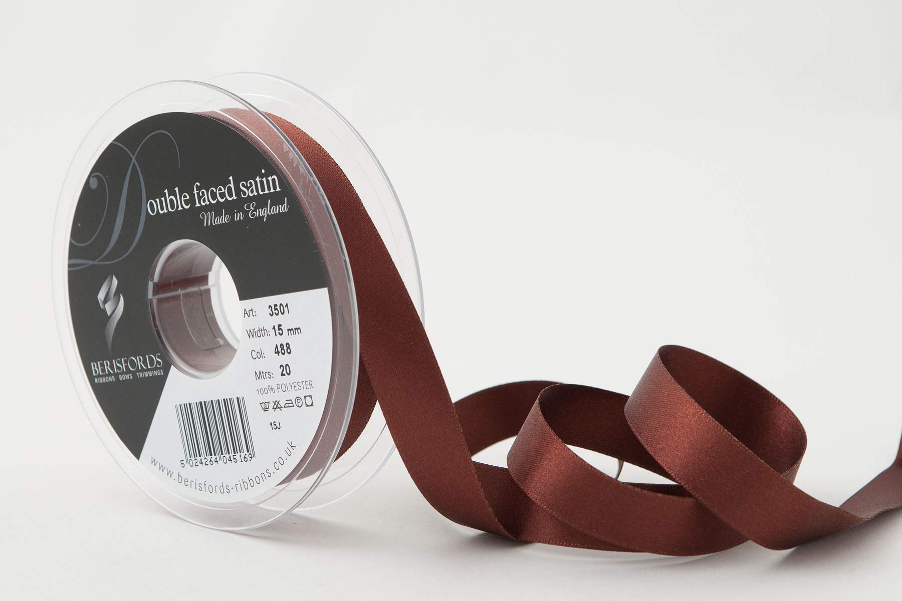 Berisfords Double FACE Poly Satin Ribbon, Hot Chocolate, 15 mm