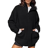 LASLULU Womens Fuzzy Fleece Oversized Zip Up Jacket Warm Winter Black Sweaters Stand Collar Sport Athletic Long Sweatshirts Sherpa Coat Going Out Tops(Black Medium)