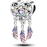NUJIFFY 925 Sterling Silver Charms Beads for Bracelets & Necklaces, Purple Dream Catcher Boho Style Feather Heart Shaped Retro Vitality Charm Birthday Gifts Pendant Jewelry for Women Men