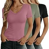 Huukeay 3 Pack Women's Deep V Neck Shirts Short Sleeve Slim Fitted Tops Basic Casual Tee Summer Going Out Tight T-Shirts