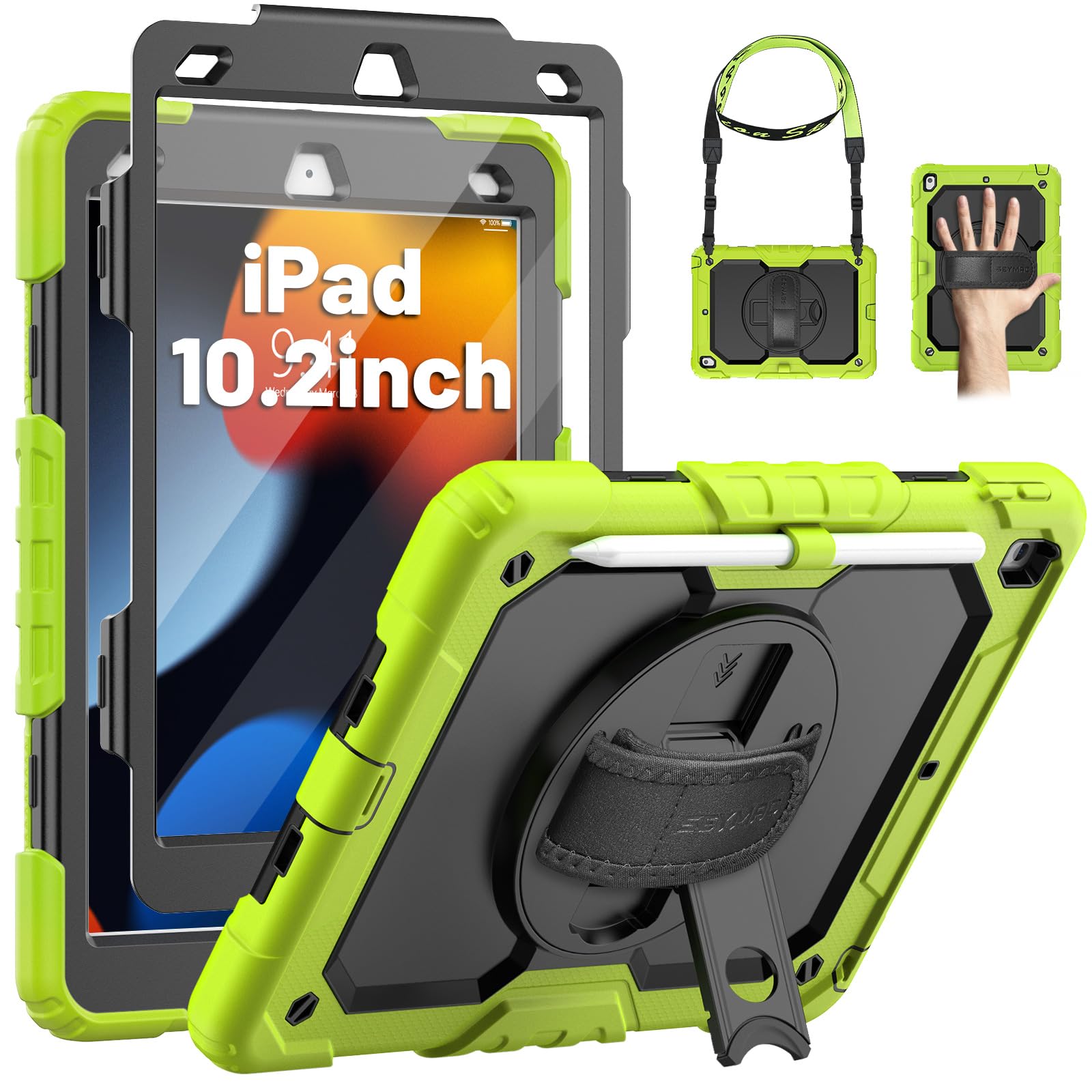 SEYMAC Case for iPad 9th/8th/7th Generation 2021/2020/2019 10.2 inch, Shockproof Case with Screen Protector, 360 Degree Rotating Stand/Hand Strap, Pen Holder for iPad 10.2 Inch, Green