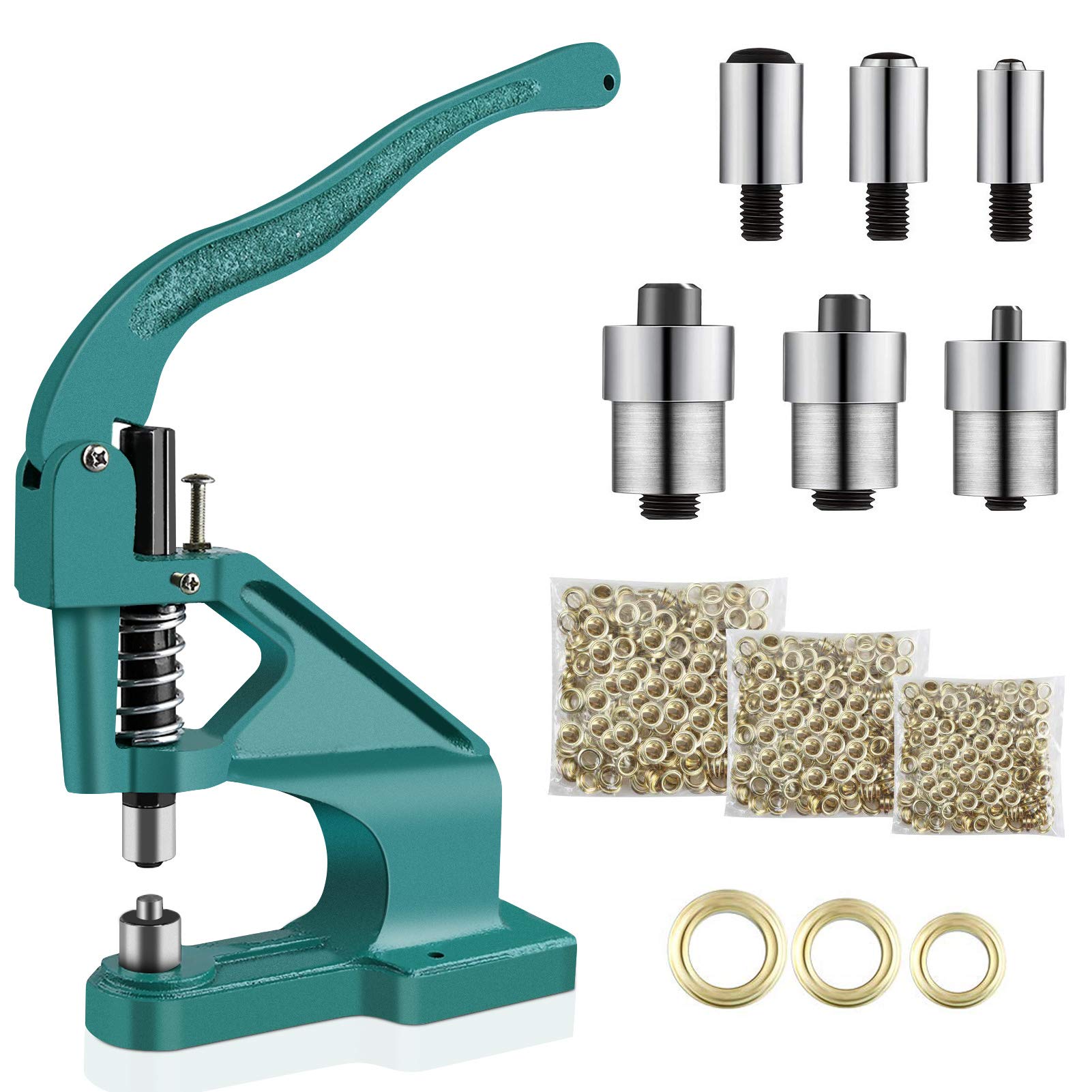 Hand Press Grommet Machine with 3 Die, Heavy Duty Hand Press Grommet Eyelet Machine Hole Punch Tool Kit, Green Hand Press Machine, Riveting Machine Press Stud Pliers with 900 Eyelets Kit