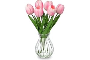 Artificial Tulips Flowers in Glass Vase - 6 Pcs Faux Flowers in Vase with Faux Water 12.5" Fake Tulips Bouquet Floral Arrange