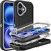 YKHJKLEC for iPhone 16 Case, Military Grade 3 in 1 Heavy Duty Shockproof/Drop Proof/Dust Proof Case with 2Pcs Tempered Glass Screen Protector (Black/Grey)