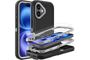 YKHJKLEC for iPhone 16 Case, Military Grade 3 in 1 Heavy Duty Shockproof/Drop Proof/Dust Proof Case with 2Pcs Tempered Glass Screen Protector (Black/Grey)