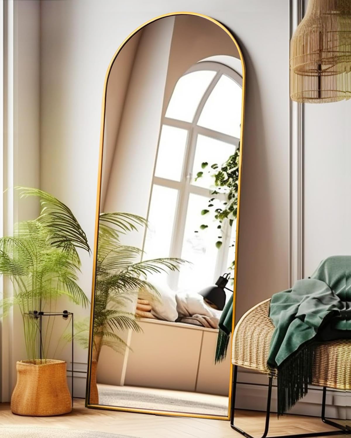 KOMCOTE 58"x18" Arched Full Length Mirror - Gold Freestanding Floor Mirror for Bedroom, Living Room, Dressing Room - Elegant Arch Design, Wall Mount or Standing, Lightweight & Shatterproof