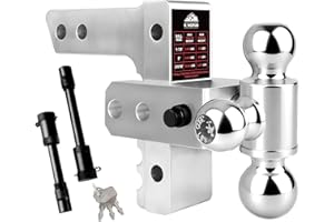 Kingfun Adjustable Trailer Hitch - Fits 2 Inch Receiver, Tri-Ball (1-7/8" X 2" X 2-5/16") 6-Inch Rise/Drop Hitch, 12500 Lbs Gtw Heavy Duty Aluminum Truck Tow Hitch with Anti-Theft Pin (Silver)
