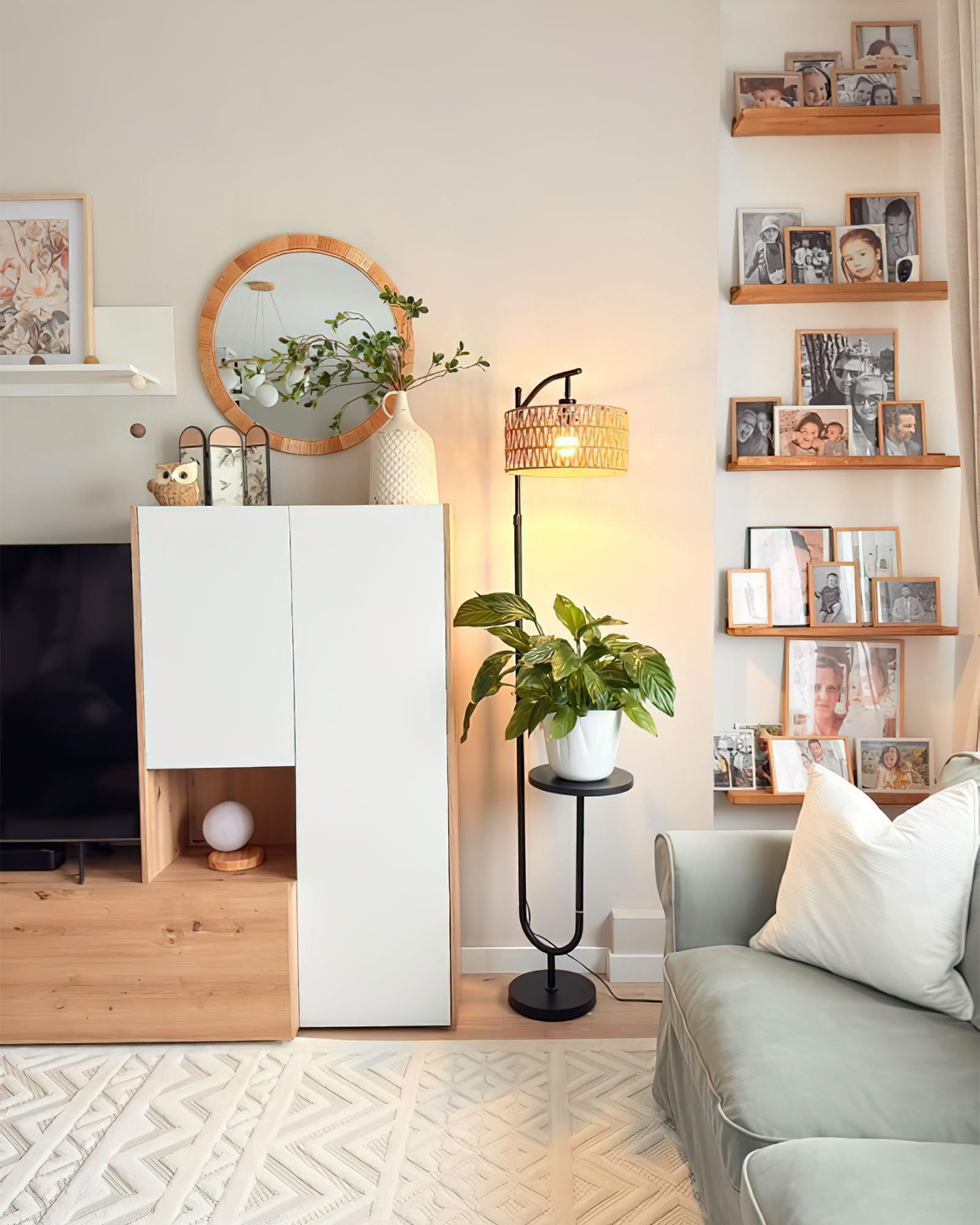 LuminexDesigns Stehlampe Wohnzimmer Vintage Rattan - Stehleuchte Schwarz Retro E27 mit Ablage Höhenverstellbar 176CM Boho Standleuchte mit 2M Kabel Fußschalter Beige Standlampe für Schlafzimmer 6