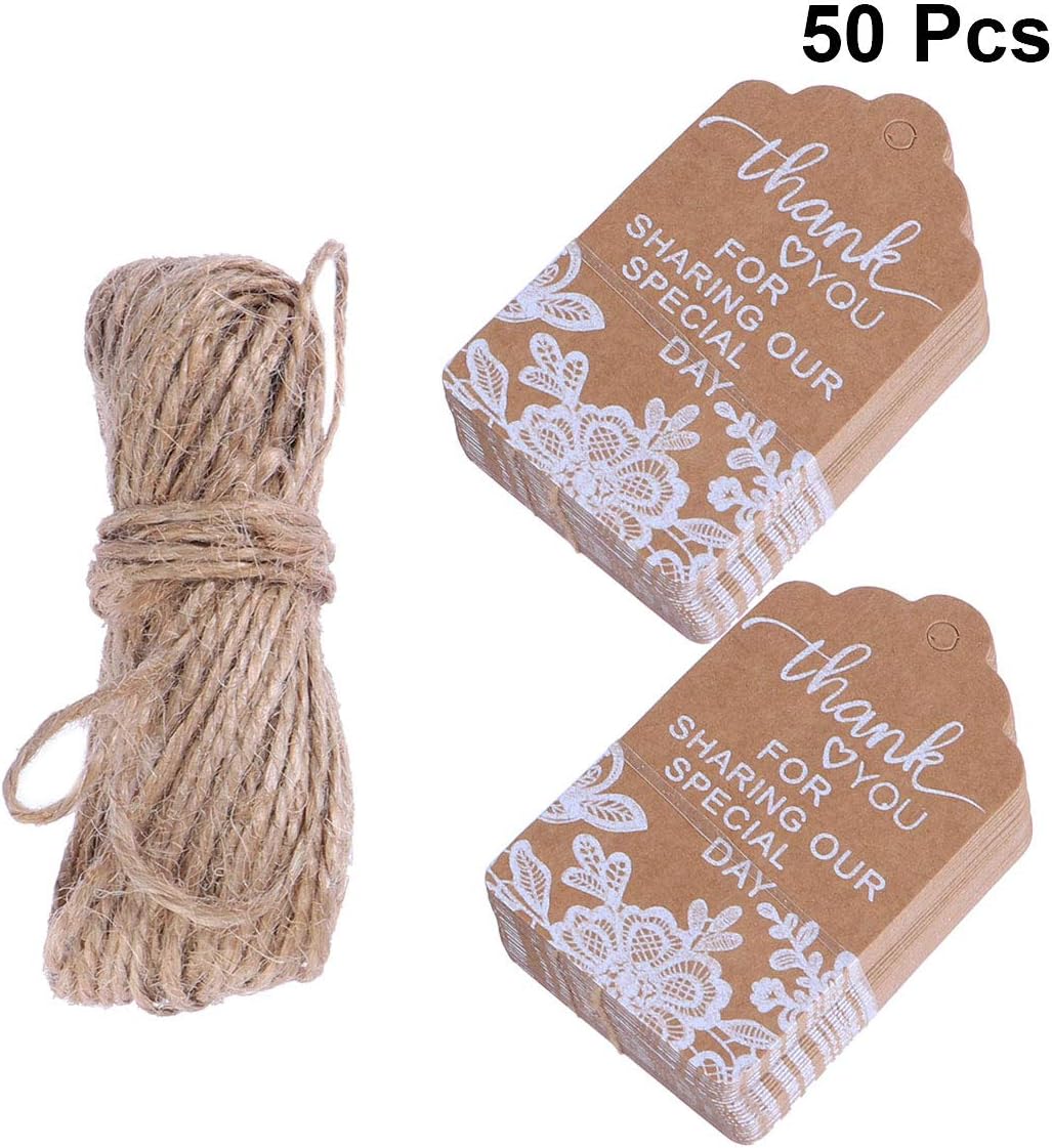 SUPVOX Wedding Favour Tags White Lace Kraft Paper Hang Tags with Hemp Rope 7X4Cm for Thank You Decorations 50Pcs - Image 3