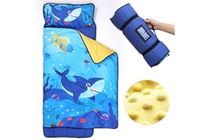 JERORAY Toddler Nap Mat for Daycare Preschool: Kids Sleeping Bag with Pillow and Blanket for Boys Girls Kindergarten Prek Naptime Slumber Bag Easy Roll up Extra Thick Long Padded