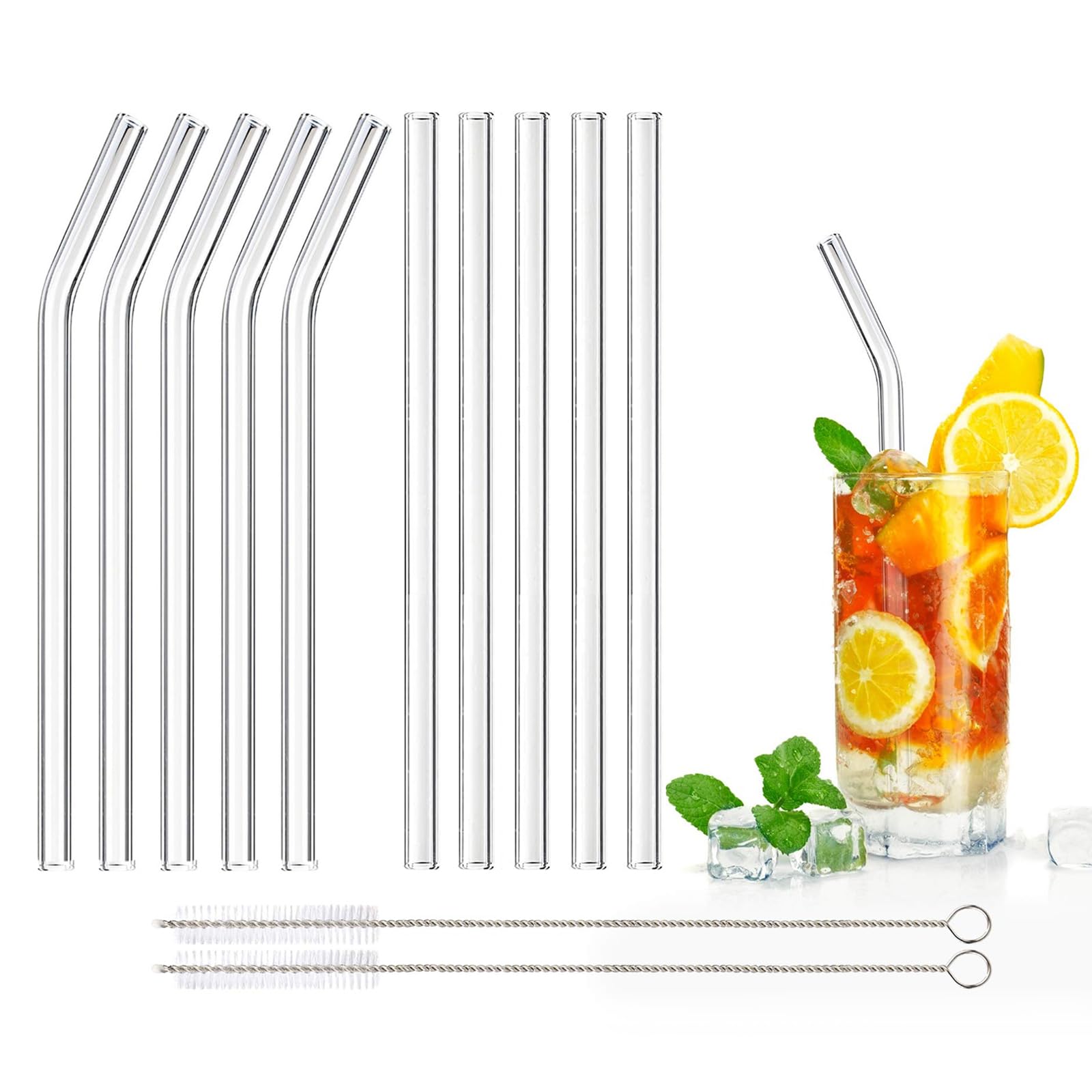 DONQL 10 Pcs Glass Straws Reusable Glass Straw Drinking Straws with 20cm Length Eco Friendly Transparent Clear Straws with 2 Cleaning Brushes for Milk Coffee Coctail(Curved & Straight)