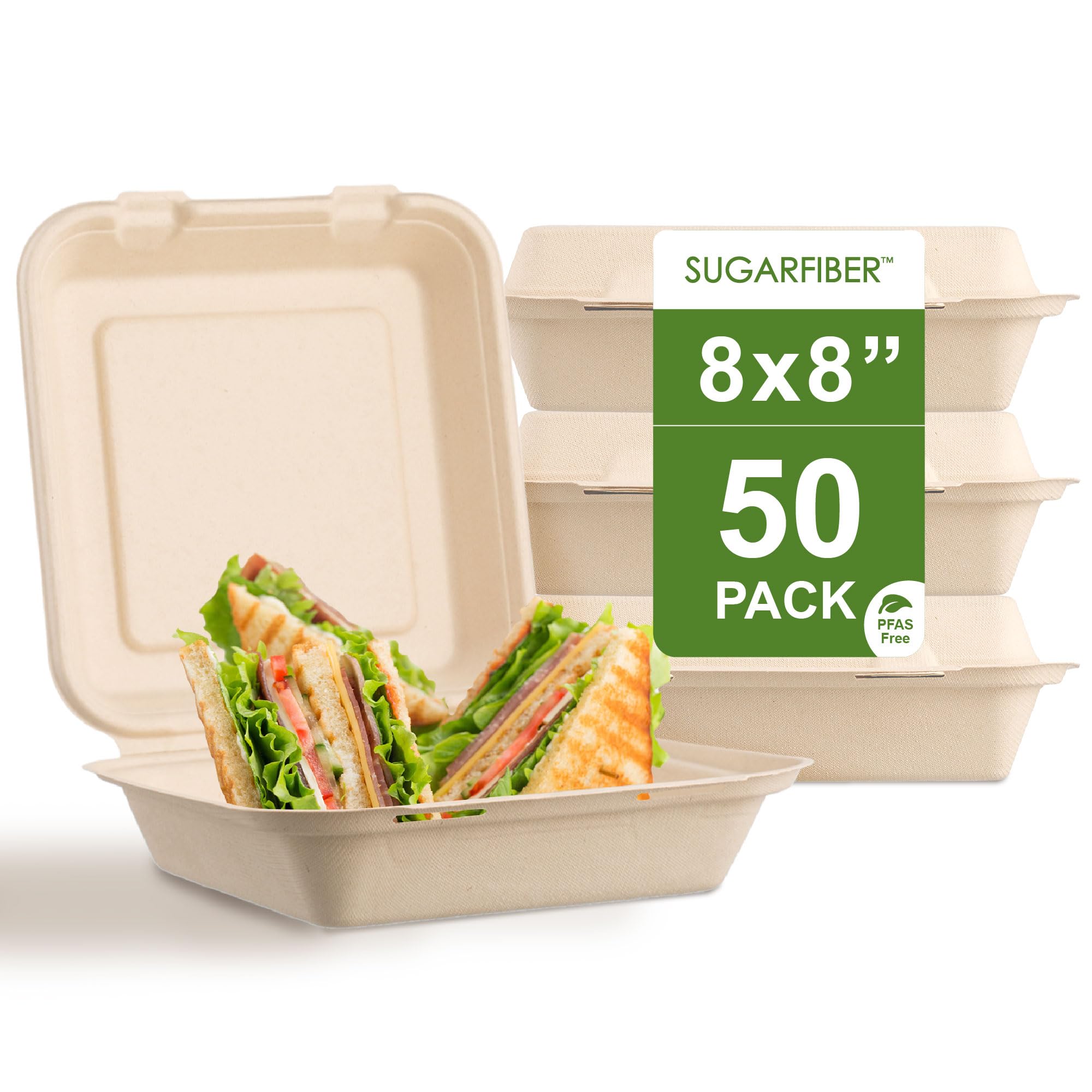 Photo 1 of [50 COUNT]Harvest Pack PFAS FREE 8 X 8" Compostable Clamshell Food Containers, Heavy-Duty to go Hinged Container, Disposable Bagasse Eco-Friendly Natural Takeout to go Box, Made from Sugarcane