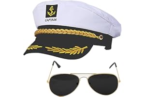 WOOHAND Yacht Captain Hat and Sunglasses Adult Sailor Hat for Men Women Party Adjustable Boat Halloween Costume Accessories Cosplay White