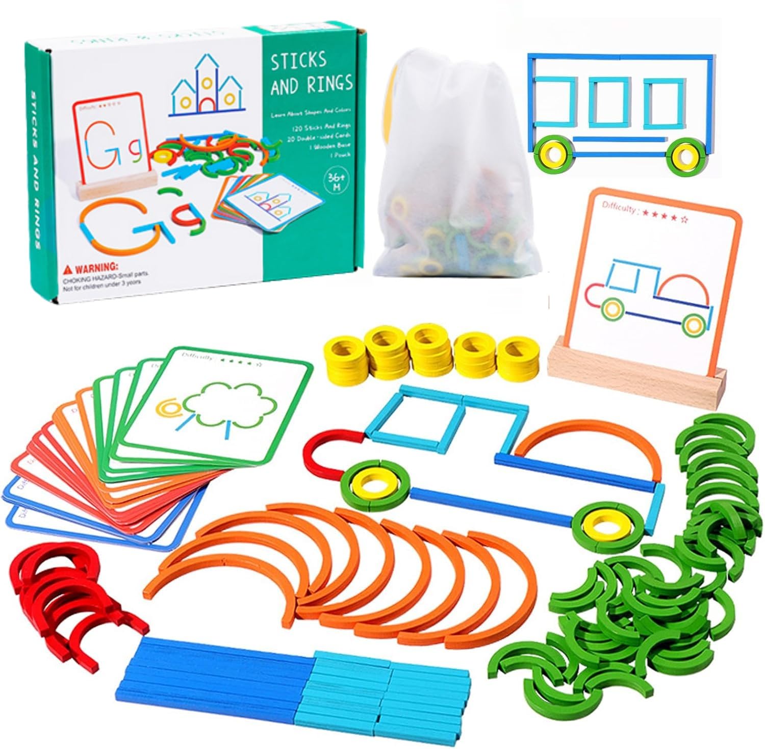 Photo 1 of 142pcs Wooden Pattern Blocks Shape Puzzles Sticks & Rings Wooden Tangram Puzzle Stem Preschool Brain Teaser Montessori Toys Gift for 3 4 5 Years Old Activity Kids Boy Girl