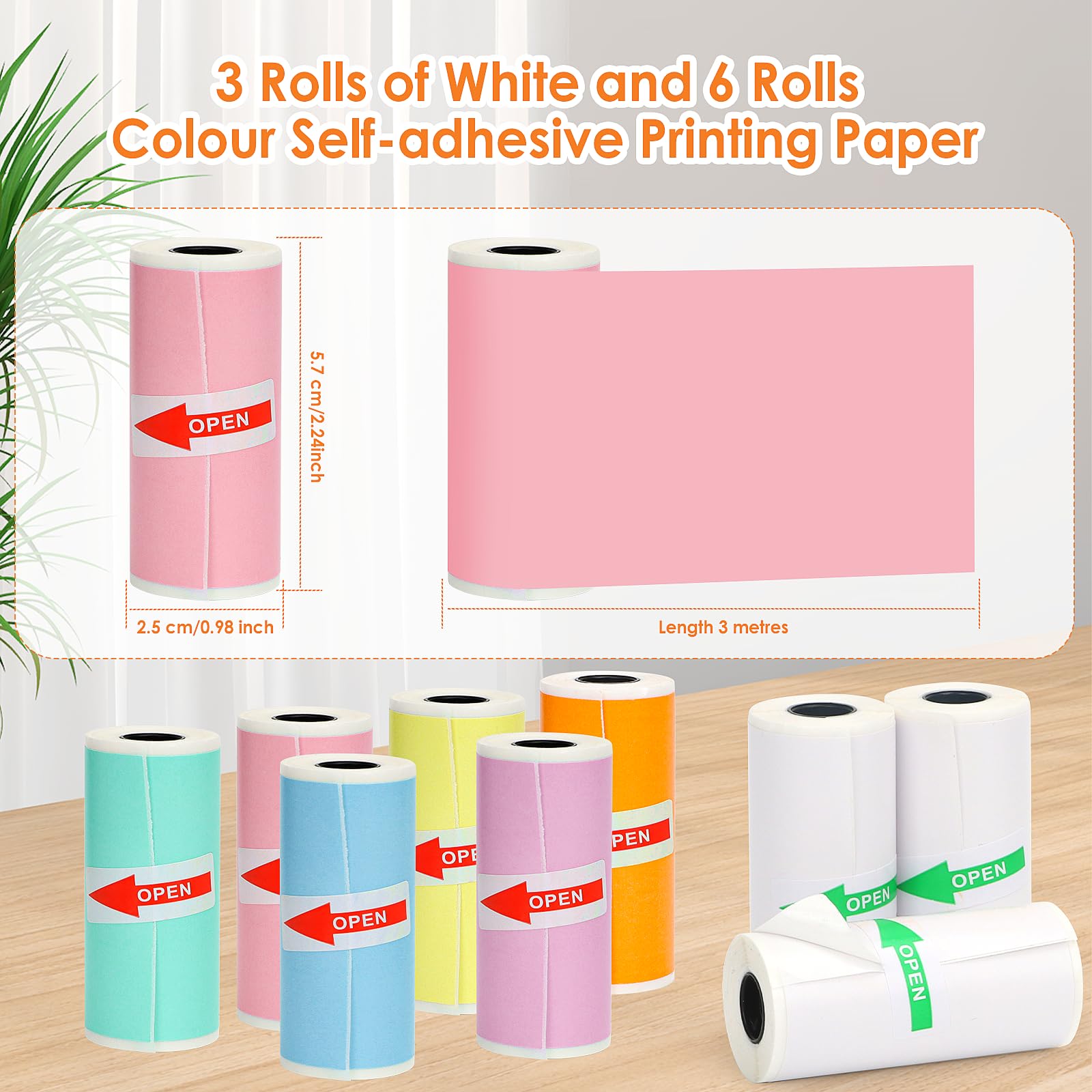 HuiJuKeJi 9 Rolls Mini Printer Sticker Paper,Thermal Self-Adhesive Paper 57 * 25mm,3 Rolls of White &6 Rolls of Colour Paper for Pocket Inkless Portable Bluetooth Printer to Print Photo,Note