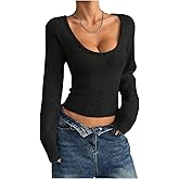 Milumia Women's Sexy Scoop Neck Cropped Sweater Long Sleeve Ribbed Knit Slim Fit Pullover Crop Top