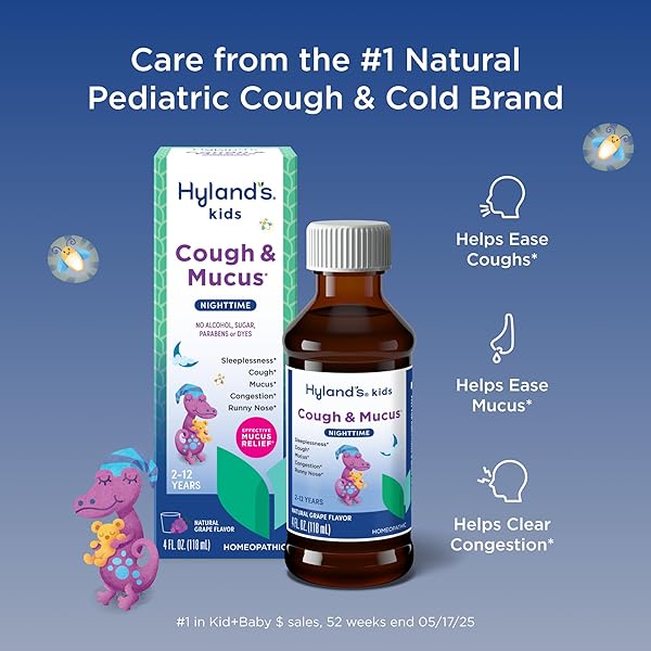HYLAND’S KIDS NIGHTTIME COUGH SYRUP AND MUCUS RELIEF, KIDS MEDICINE FOR AGES 2-12, GRAPE FLAVOR, PROMOTES SLEEP, COUGH, RUNNY NOSE, MUCUS AND CONGESTION, OUNCES