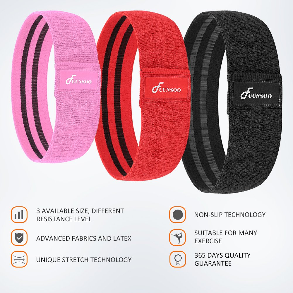FUUNSOO Resistance Bands – 3 Pack Non-slip Elastic Grippy Exercise Band – Hip Band Circle with Elastic for Women Men Hip Work Out or Physical Therapy (Pink/Red/Black)
