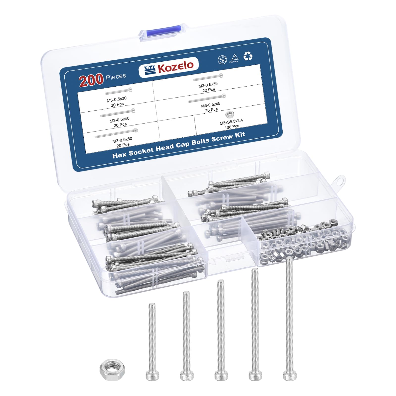 Kozelo 200pcs M3 Socket Head Cap Screws Bolts Nuts Assortment Kit - [M3x30/35/40/45/50mm] 304 Stainless Steel Allen Socket Drive for 3D Printer