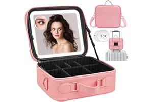 VIKERT Travel Makeup Bag with Light Up Mirror,Makeup Travel Case with adjustable dividers,Waterproof Makeup Train Case,lighted Makeup Case with Detachable Mirror